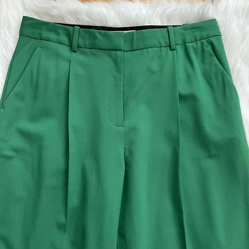 Diane Von Furstenberg Academia Preppy high Waisted Cotton Green pleaded Trousers